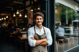 café tienda propietario en pie en frente de acogedor cafetería, confidente emprendedor, pequeño negocio éxito ai generativo foto