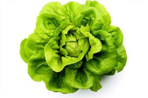 Fresco cabeza de lechuga, lleno de verde, crujiente hojas, ideal para ensaladas y sano comidas, aislado en un blanco antecedentes ai generativo foto
