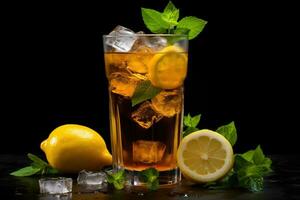 vaso de hielo té con limón y hielo cubitos, frío verano ai generativo foto