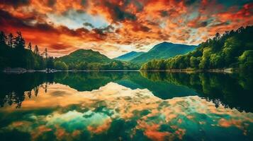colorido reflexión fotografía, asombroso naturaleza paisaje con negrita colores y simetría ai generativo foto