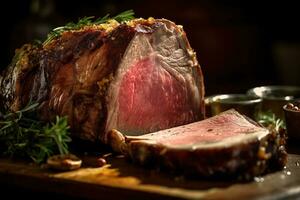 a closeup shot of a luxurious Prime Rib, food photography AI Generative photo