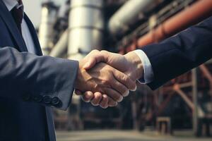 Businessman shaking hands on the background of an industrial plant, success collaboration concept AI Generative photo