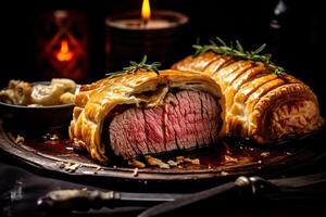 a closeup shot of a luxurious Beef Wellington, food photography AI Generative photo