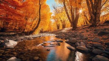 otoño temporada bosque con Arroyo fluido a Arrowtown parque. vibrante colores, aguas reflejando el colores de el hojas ai generativo foto