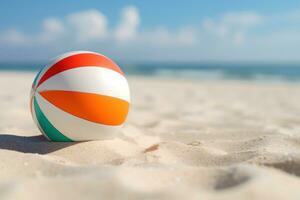 closeup photo of beach ball white sand beach background AI Generative