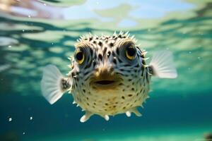 pufferfish swimming, underwater photography AI Generative photo
