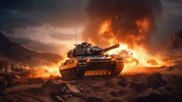 armored tank crosses a mine field during war invasion epic scene of fire and some in the desert AI Generative photo