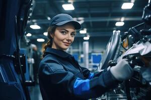 Confident female worker skillfully operating high-tech machinery in a modern automotive manufacturing AI Generative photo