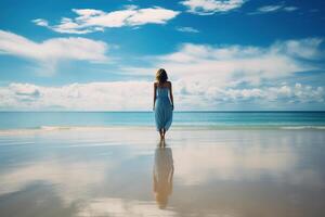 a woman stands relaxed on a beach during her vacation, sky reflecting on the calm ocean waters AI Generative photo