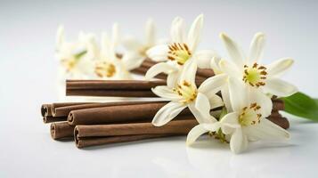 Vanilla and cinnamon sticks and flowers on white background. Ai Generative photo