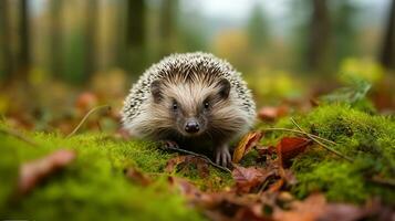 European Hedgehog, on a green moss in the forest, Cute funny animal with snipes. Hedgehog in dark wood, autumn image. Generative AI photo