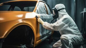 Car painter in protective clothes and mask painting a car, mechanic using a paint spray gun in a painting chamber. Paint job, car service, garage. Generative AI photo