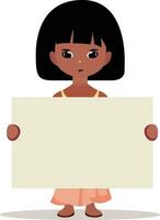 Little black girl holding an empty poster flat style vector illustration, girl holding an empty banner, sign or board, protesting little girl, stock vector image