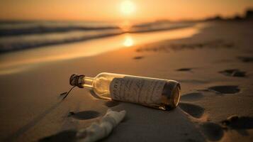 Message in the bottle washed ashore against the sun setting down. Generative AI photo