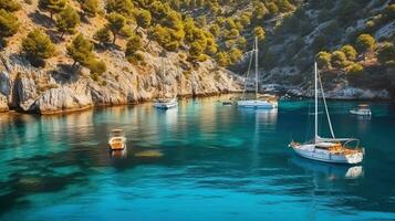 Jewel of the Mediterranean - Yacht-Filled Emerald Lagoon. Generative AI photo