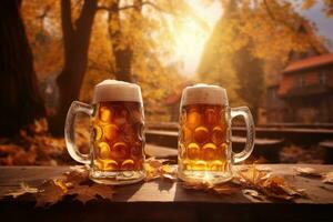 Two mugs of beer on wooden table with autumn street background. Generative AI photo