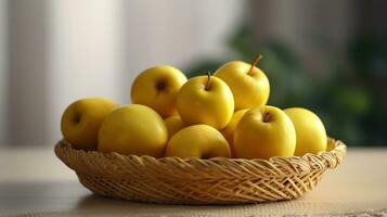Wicker tray with ripe yellow apples on light background. AI Generative photo