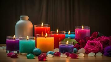 Composition of spa treatment on table colorful candle background, generative ai photo