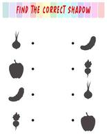 Find the right shade. Educational game with vegetables. A worksheet for children. Preschool education. vector