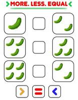 Compare the number of cucumbers. Write the sign more , less, equal. Teaching children. Education for kindergarten vector