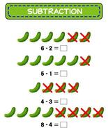 Subtraction for children. Cucumber. vegetables. minus. training for children. worksheet. vector