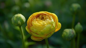 A beautiful blossoming ranunculus bud in the field. Persian buttercup flower farm at springtime blooming season. AI Generative photo