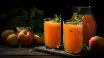 Peach Carrot Lemonade is the perfect end of summer drink. Carrots give it a vibrant orange color and fresh peach puree gives it a punch of flavor, generative ai photo