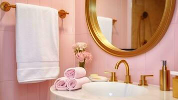 Interior of bathroom with towel near pink dispensers with toiletries near round wash basin with golden faucet, Generative AI photo