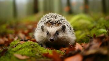 Hedgehog in dark wood, autumn image. European Hedgehog, on a green moss in the forest, Generative AI photo