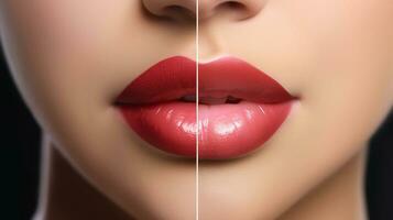 Female lips before and after augmentation procedure. Beauty concept, AI Generative photo