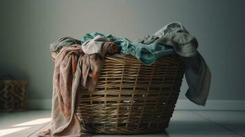 Basket with dirty laundry on floor, AI Generative photo