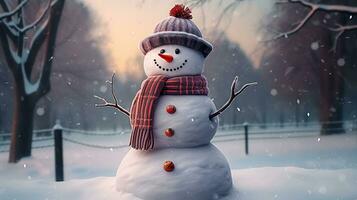 Beautiful Snowman with scarf and hat as winter snow time or new year decoration, Generative AI photo