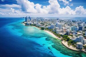 Aerial view of Waikiki Beach, Honolulu, Oahu, Hawaii, Aerial view of Male the capital of the Maldives,  AI Generated photo