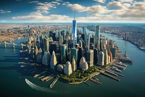 Chicago skyline with skyscrapers and river. USA. 3d rendering, Aerial view of lower Manhattan New York City, AI Generated photo
