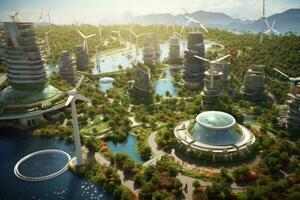 3d representación de futurista ciudad con viento turbinas y solar paneles aéreo ver de un sostenible ciudad con solar paneles, viento turbinas, y verde techos, ai generado foto
