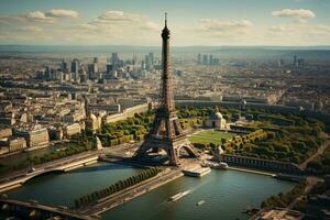 eiffel torre en París, Francia. hermosa panorámico vista. aéreo ver de el eiffel torre, ai generado foto