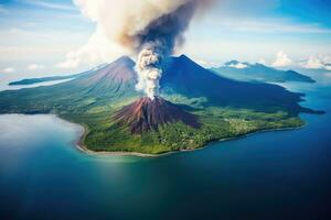 aéreo ver de montar bromo volcán erupción, Java isla, Indonesia, aéreo ver de gamalama volcán en ternado, Indonesia, ai generado foto