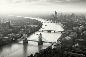 Panoramic view of London, UK in black and white. Aerial view of London and the River Thames, AI Generated photo