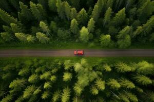 aéreo ver de un rojo coche en el la carretera en el bosque, aéreo ver de rojo coche con un techo estante en un verde verano bosque país la carretera en Finlandia, ai generado foto