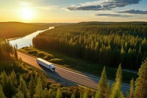 aéreo ver de grande plataforma semi camión con carga remolque corriendo en autopista en hermosa verano paisaje. semi camión con carga remolque en la carretera curva a lago apuntalar con verde pino bosque, ai generado foto