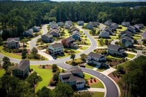 aéreo ver de un suburbano barrio en el unido estados de America. aéreo ver de callejón sin salida Delaware saco a barrio la carretera muerto final con construido casas en sur carolina residencial área, ai generado foto