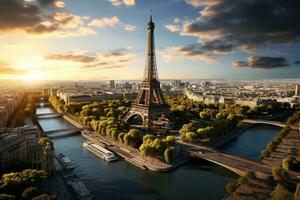 Eiffel Tower and Seine river at sunset, Paris, France, Aerial view of the Eiffel Tower, AI Generated photo