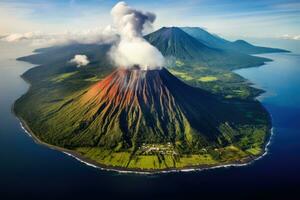 aéreo ver de volcán bromo en bromo tengger semeru nacional parque, este Java, Indonesia, aéreo ver de gamalama volcán en ternado, Indonesia, ai generado foto