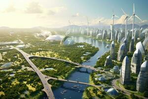 Aerial view of the city with windmills and wind turbines, Aerial view of a sustainable city with solar panels, wind turbines, and green roofs, AI Generated photo