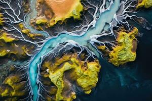 aéreo ver de volcánico cráter lago en Islandia. zumbido fotografía. aéreo ver desde encima en un verde y azul glaciar río corriente en sur Islandia, ai generado foto