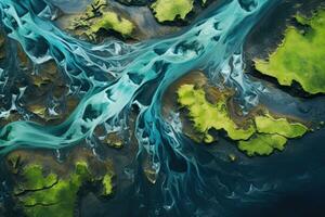 Fantasy alien planet. Abstract fractal shapes. 3D rendering illustration background. Aerial view from above on a green and blue glacier river stream in South Iceland, AI Generated photo