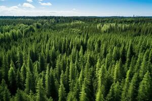 Aerial view of coniferous forest. Top view from drone, Aerial view of green summer forest with spruce and pine trees in Finland, AI Generated photo