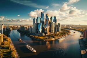 Aerial view of modern city with skyscrapers and river. Aerial view of Moscow City with Moscow River, Russia, AI Generated photo