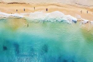 Aerial view of beach and ocean waves. Aerial view of beach and ocean waves background. Aerial view of beach and ocean waves, beach with tourists swimming in beautiful clear sea water, AI Generated photo