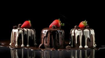 Three chocolates cake with chocolate drips on a black background. Generative AI photo